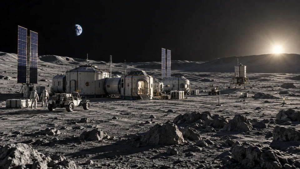Concept illustration of a permanent Moon base with habitats, rovers, solar arrays, astronauts, and Earth above the lunar horizon.