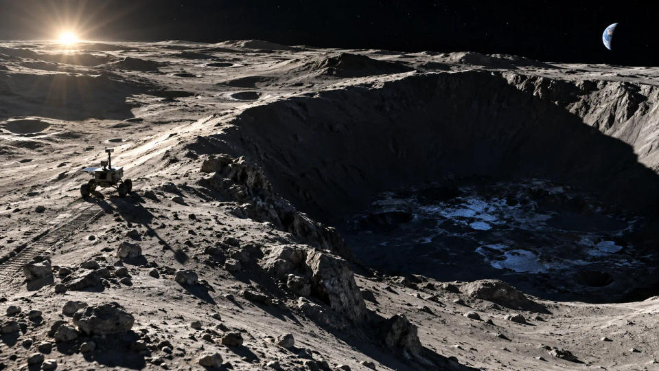Scientific visualization of a rover near a deeply shadowed lunar south-polar crater, contrasting low-angle sunlight with a cold region where water ice may persist.