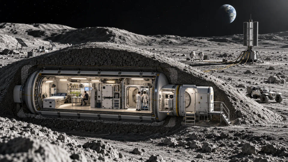 Cutaway concept of a lunar habitat protected by a thick layer of regolith, with life-support equipment inside and surface power, astronauts, and a rover outside.