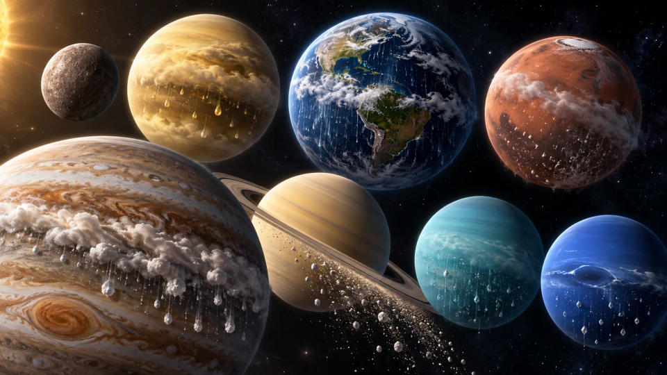 A visualization of the eight planets with different forms of precipitation and falling material across the Solar System