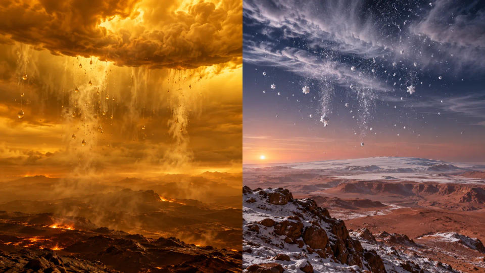 Scientific visualization comparing sulfuric acid droplets evaporating beneath Venusian clouds with carbon-dioxide ice falling through the cold Martian atmosphere