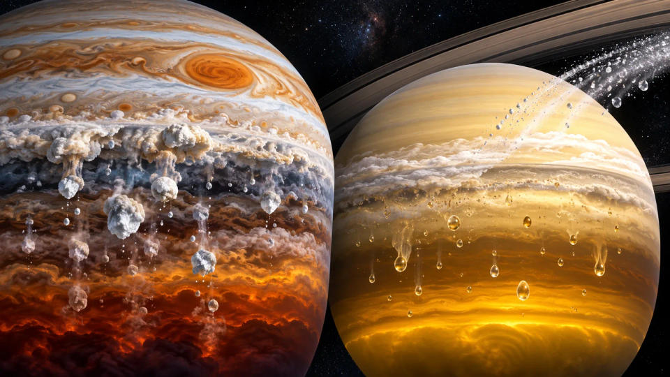 Cross-section visualization of Jupiter-like ammonia-water hail falling into deep clouds beside Saturn-like ring material and interior droplets descending through layered gas