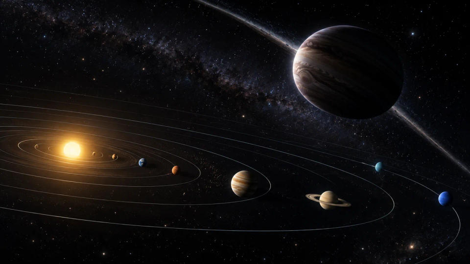 Dark gas-giant rogue planet passing above the widely spaced planets of the Solar System