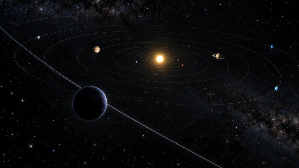 Top-down visualization of a dark rogue planet crossing a path through the large empty gaps between planetary orbits