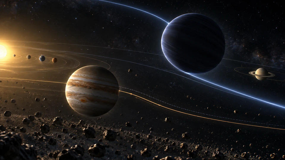 Scientific visualization of a massive rogue planet passing near Jupiter and bending trajectories without a direct collision