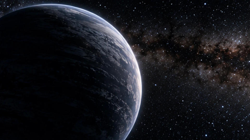 Illustrative dark wandering world crossing a distant star field