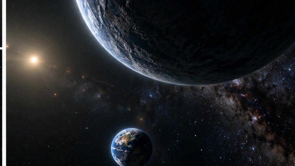 Fictional dark giant planet looming high above a distant much smaller Earth against the stars