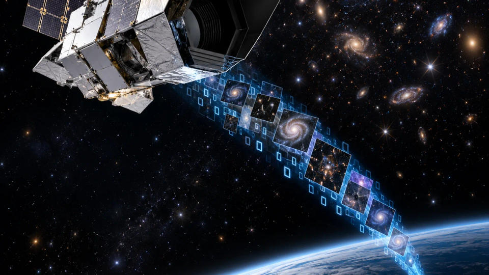 A wide-field space telescope sending a luminous stream of astronomical images to a radio dish on Earth