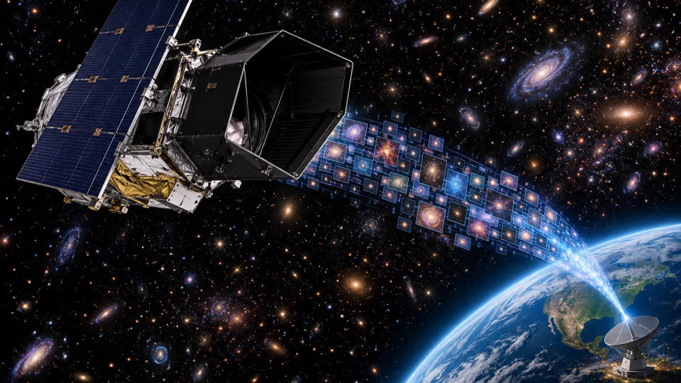A space observatory turning a dense field of galaxies into a broad digital stream of survey images headed toward Earth