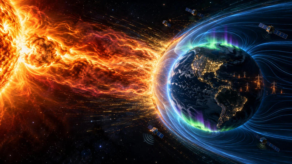 A powerful solar eruption striking Earth’s magnetosphere above the night-side power grid and orbiting satellites