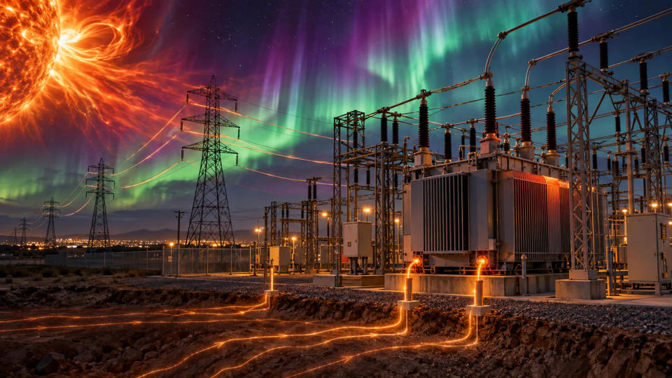 A high-voltage substation and transmission lines under auroras, with conceptual geomagnetically induced currents glowing through the ground and transformer connections