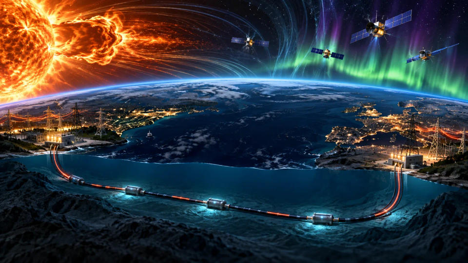 A cutaway view of Earth showing a submarine fiber-optic cable with powered repeaters, coastal landing stations, satellites, and power grids during a solar storm