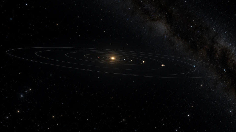 Conceptual overhead view of the Solar System showing the planets orbiting the Sun in a thin plane.