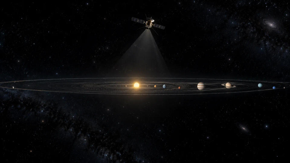 Spacecraft positioned above the thin ecliptic plane, looking down toward the Sun and planetary orbits.