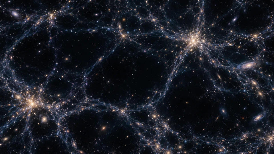 A wide view of the cosmic web, with galaxies and luminous filaments surrounding vast dark voids.