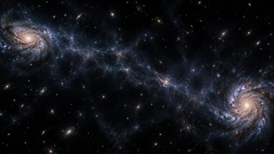 Two spiral galaxies separated by a huge dark region and linked by a faint filament of intergalactic gas.