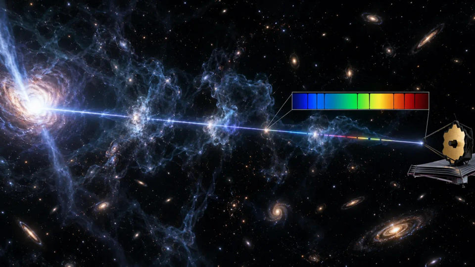 A quasar beam passing through intergalactic gas before reaching a space telescope, with an absorption spectrum showing missing wavelengths.