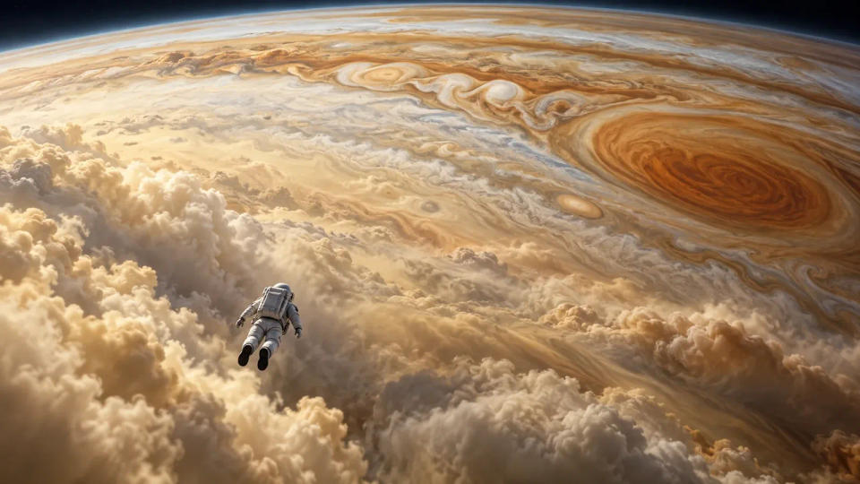 Astronaut descending through Jupiter’s cream and orange cloud layers beside a giant swirling storm