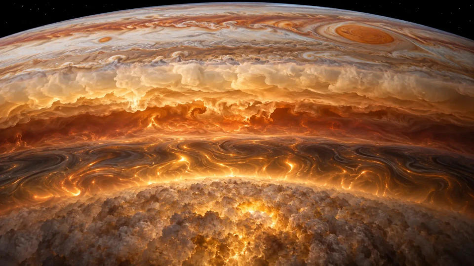 Cutaway visualization of Jupiter showing storm clouds above progressively denser glowing hydrogen layers and a diffuse central region