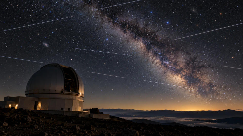 Observatory under a star-filled sky crossed by multiple bright satellite trails