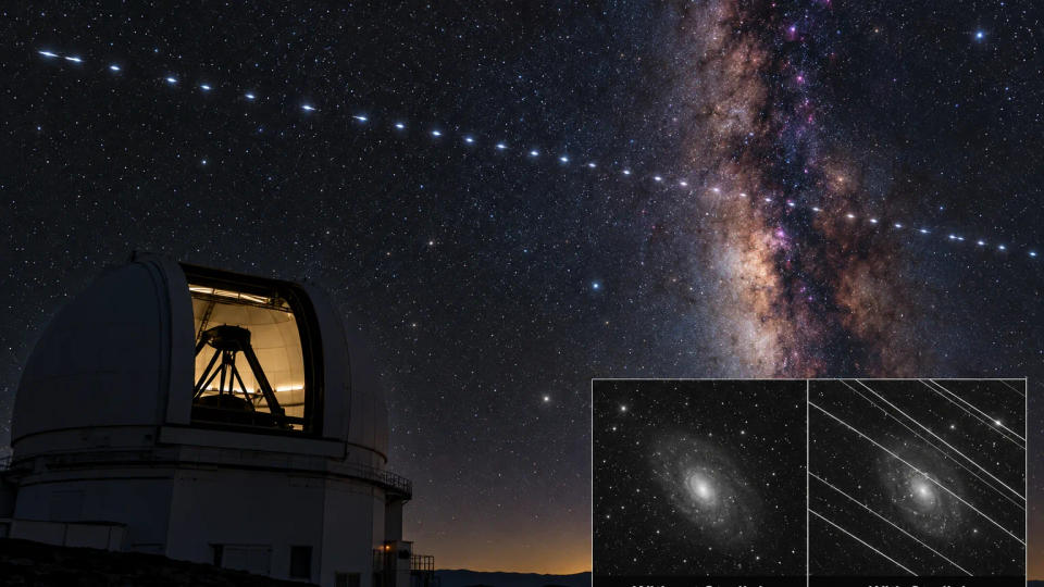 Telescope view comparing a clean galaxy image with satellite-streak contamination