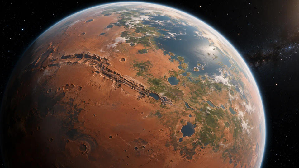 Scientific visualization of Mars partly transformed with a thicker atmosphere, surface water, clouds, and greener regions