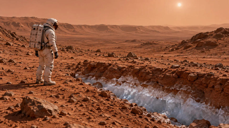 Astronaut standing on a barren Martian plain beside a trench exposing bluish subsurface water ice