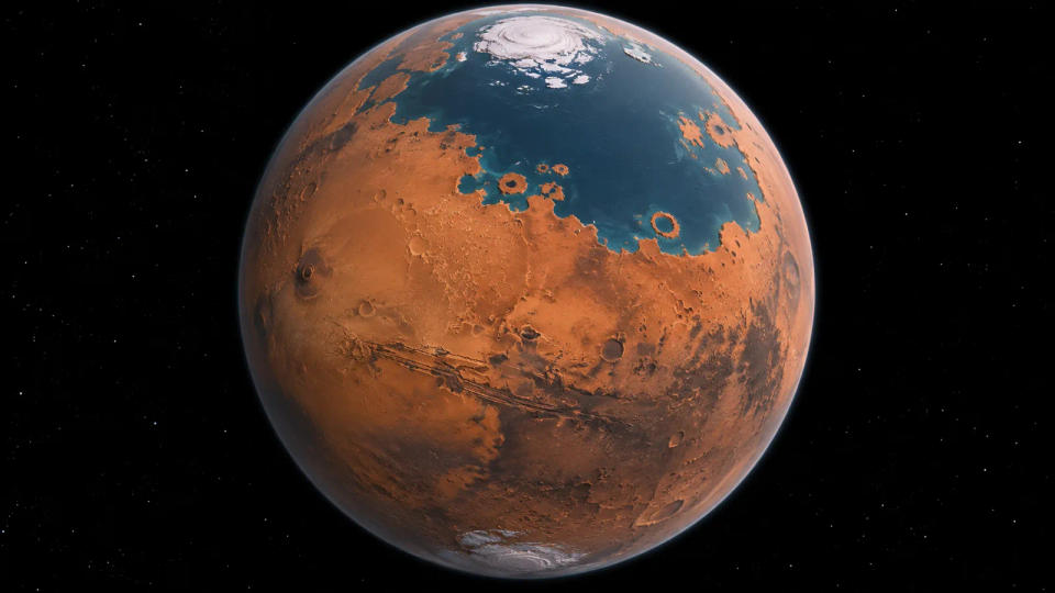 Conceptual view of Mars with a blue northern ocean, red highlands, and bright polar ice
