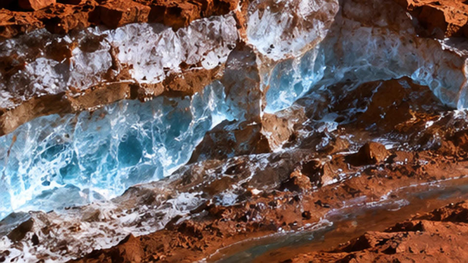 Cutaway view of blue-white water ice exposed beneath dusty red Martian ground