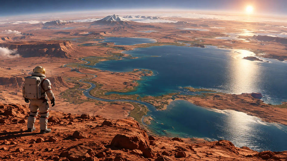 Speculative future Mars landscape with an astronaut overlooking a large blue lake and winding rivers among red terrain