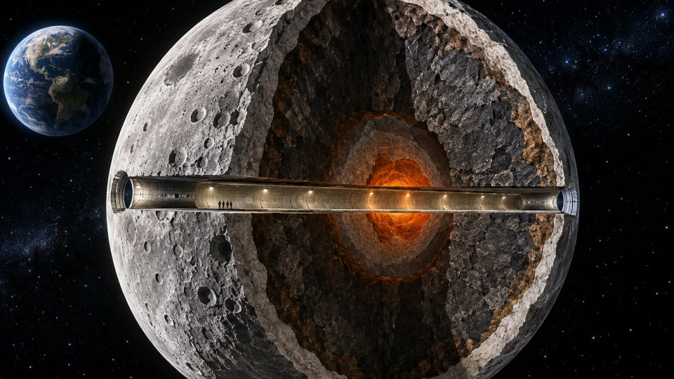 Cutaway Moon with a straight tunnel through its center, with tiny figures showing the enormous scale of a gravity-driven crossing