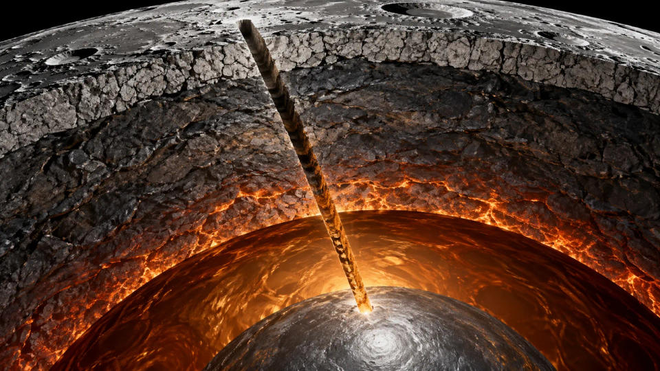 Close lunar interior cutaway showing a tunnel crossing fractured crust, rocky mantle, a hot partially molten layer, liquid outer core, and solid inner core