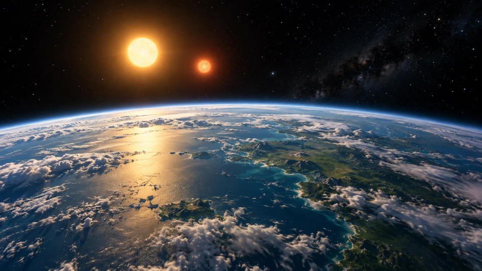 An Earth-like ocean planet seen from orbit with a golden star and a smaller orange companion above its horizon.