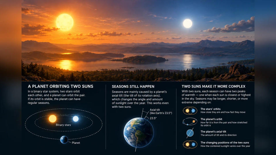 A conceptual two-sun landscape with an illustrated explanation of a planet circling both stars and how axial tilt creates seasons.
