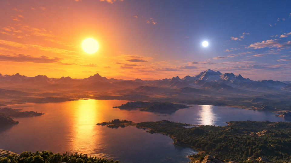 A hypothetical two-sun planet with golden and pale stellar light reflected across a lake, forested islands, and distant mountains.