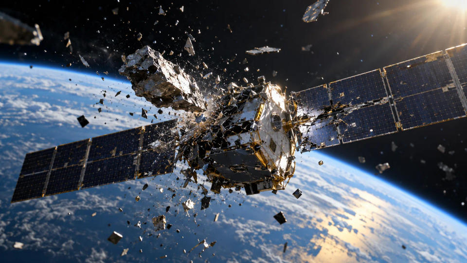 Damaged satellite breaking apart after a high-speed orbital debris collision above Earth
