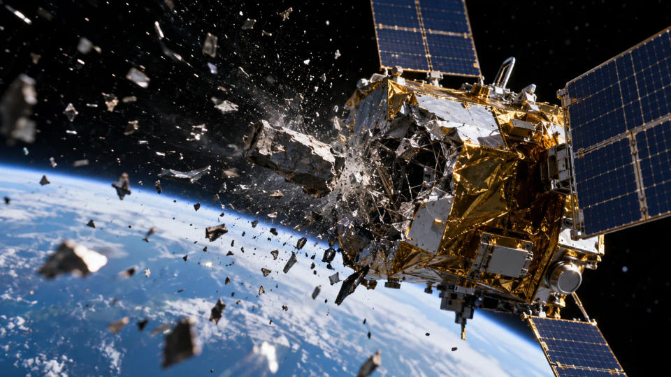 Close-up of a large orbital debris fragment striking a satellite and scattering fragments above Earth