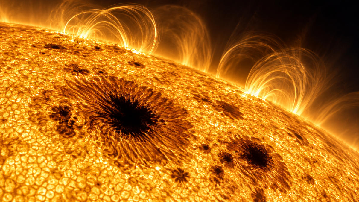 AI-generated close-up of dark sunspots and magnetic loops on the Sun
