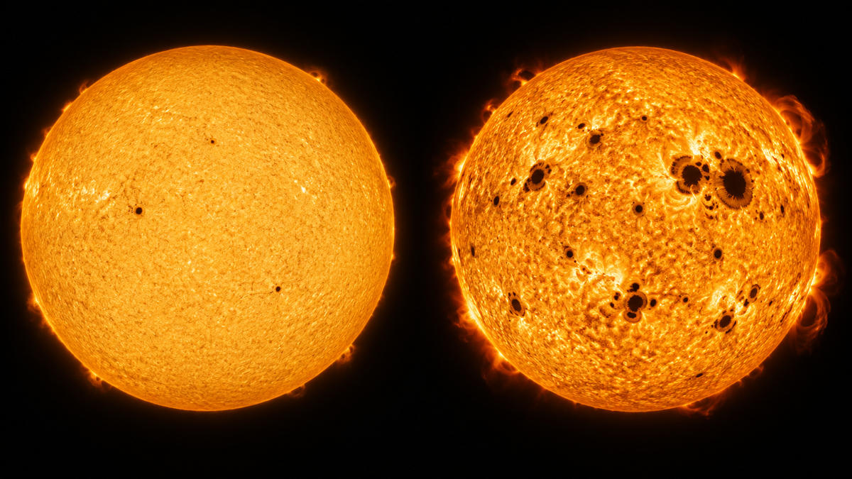 AI-generated comparison of a quiet Sun and a heavily spotted active Sun