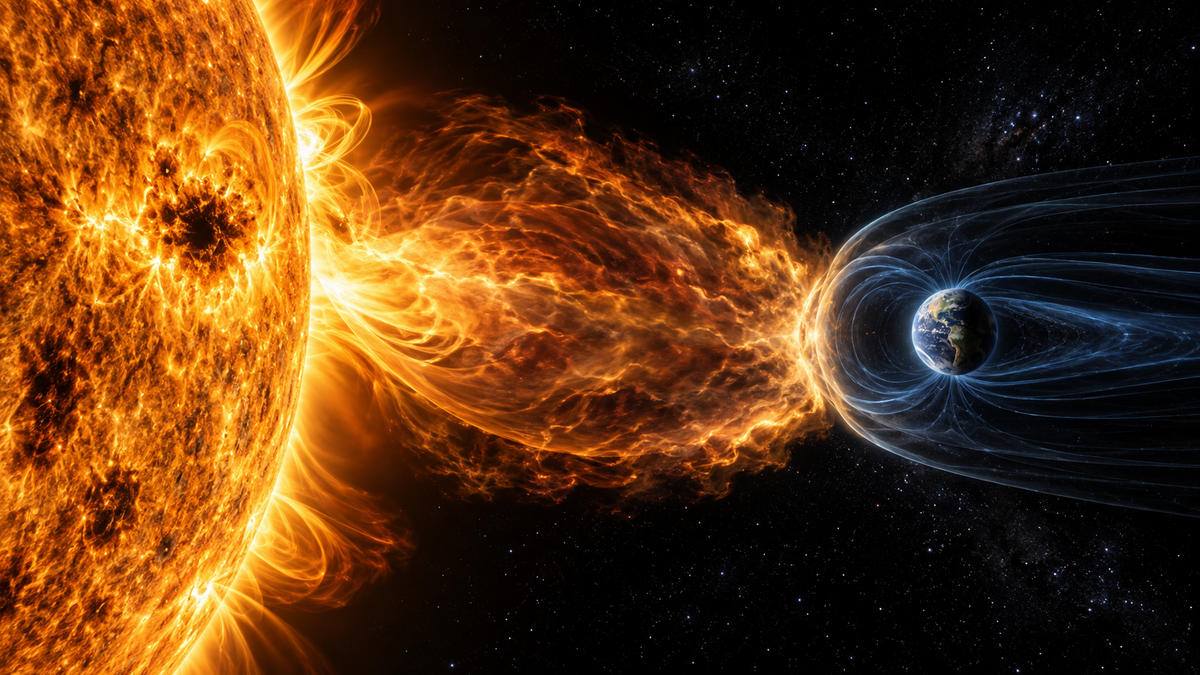 AI-generated view of a solar eruption striking Earth's magnetosphere