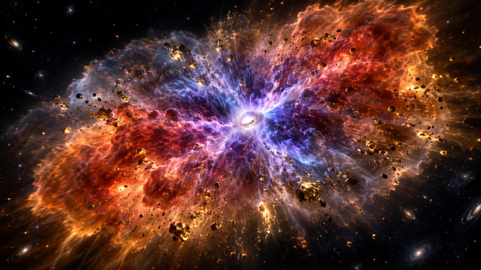 Colorful neutron-rich ejecta expanding from a neutron star merger, representing the material where heavy elements form.
