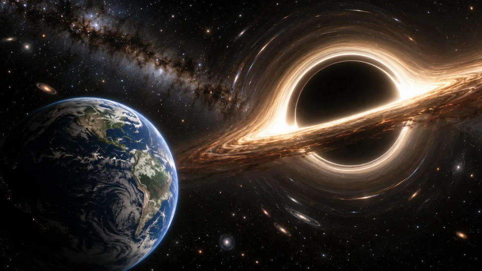 Earth approaching a luminous black hole surrounded by a warped accretion disk.
