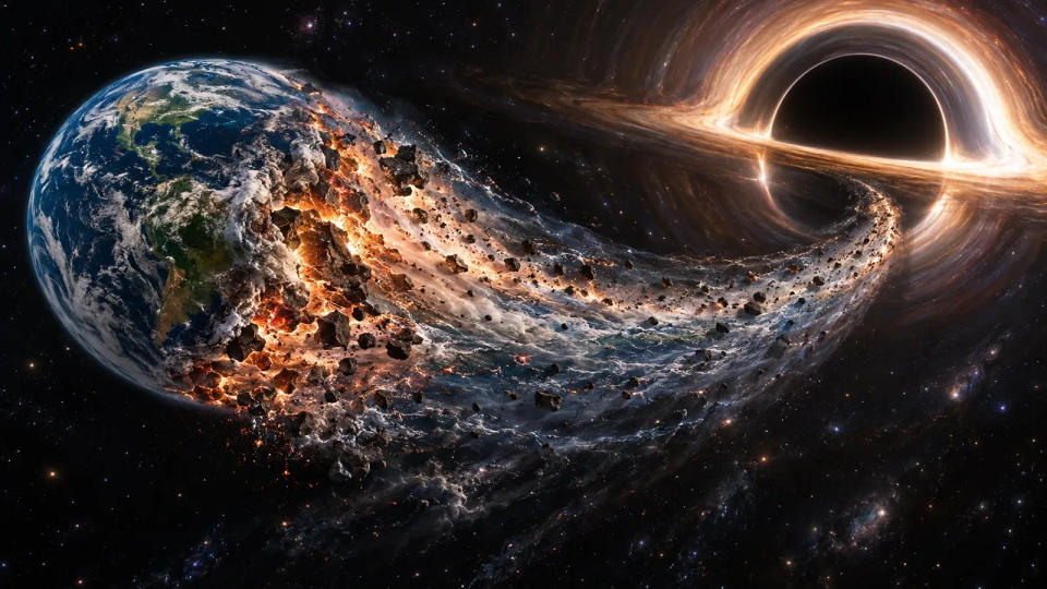 Earth being stretched and torn into a tidal stream by a black hole.