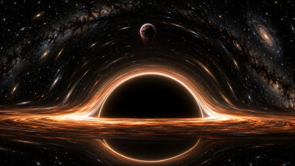 Small Earth above a supermassive black hole with gravitationally lensed starlight.