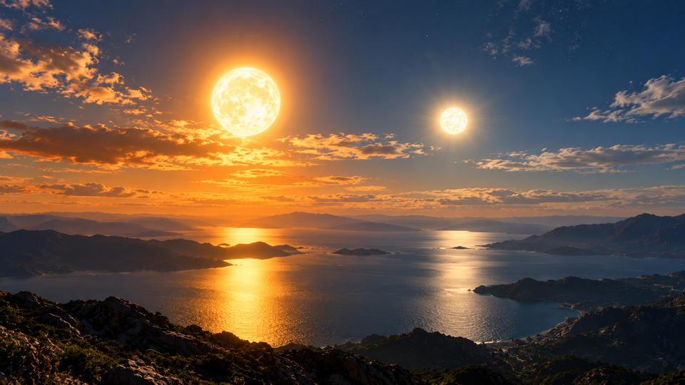 Warm coastal landscape illuminated by two suns