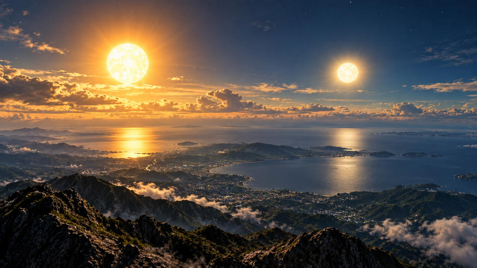 Mountain and ocean horizon beneath two suns at different positions