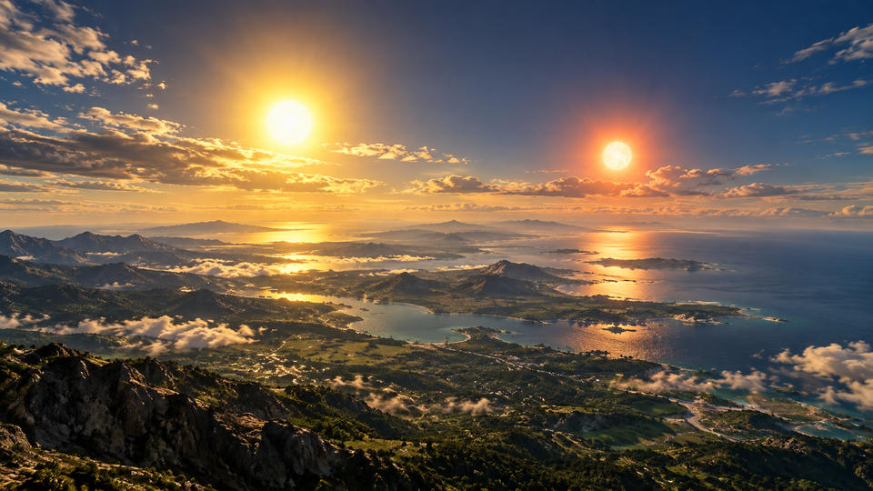 Wide Earth-like terrain under two suns with changing light across the landscape