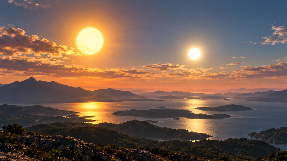 Lush islands, mountains, and oceans glowing beneath two suns