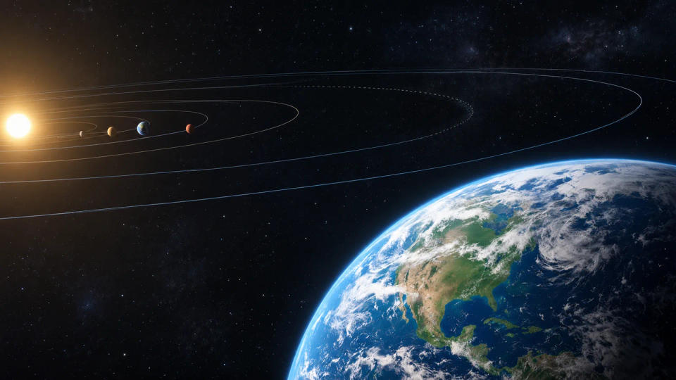 Earth in the foreground with the Sun and inner planets in the distance, while Jupiter's usual outer orbit appears empty.