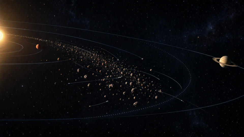 Asteroid belt visualization between a small inner planet and Saturn, with curved orbital paths showing the region that would evolve differently without Jupiter.